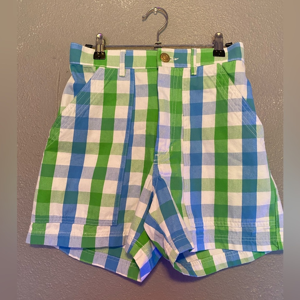 Big Bud Press blue green GINGHAM picnic plaid work pants SHORTS XS